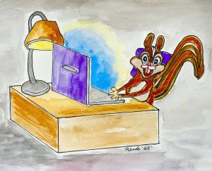 watercolor of chipmunk typing on a laptop at a desk