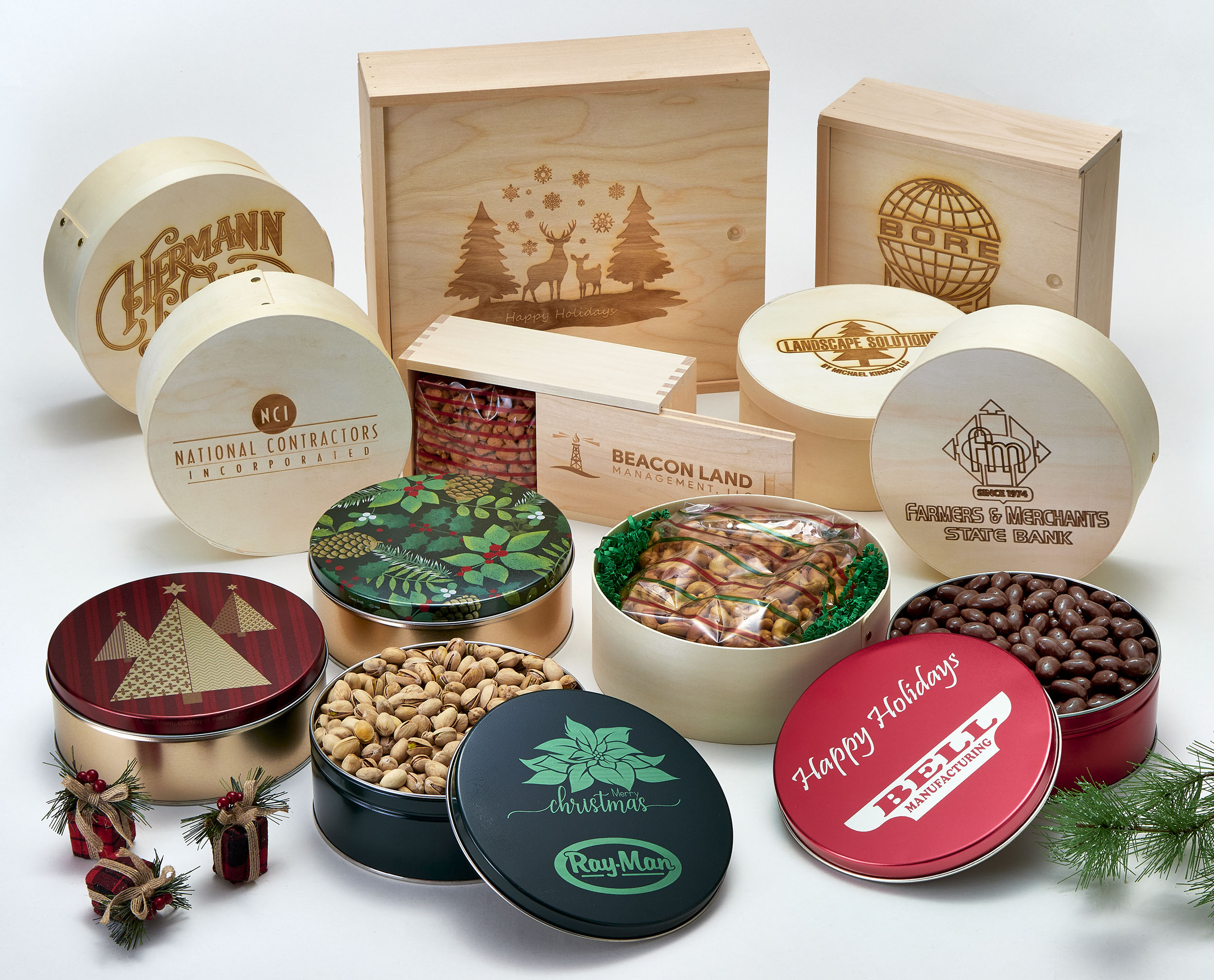 Simply Nuts gourmet treats in various customized containers including round bentwood boxes, rectangular boxes, and metal gift tins